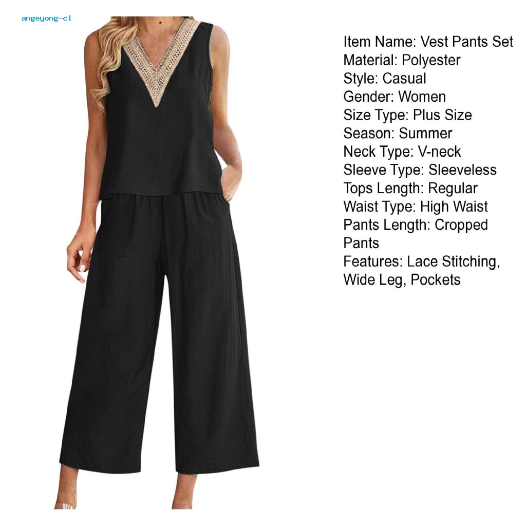 Bộ Áo Cổ Chữ V Không Tay Phối Ren + Quần Dài Thoải Mái Thời Trang Mùa Hè Cho Nữ