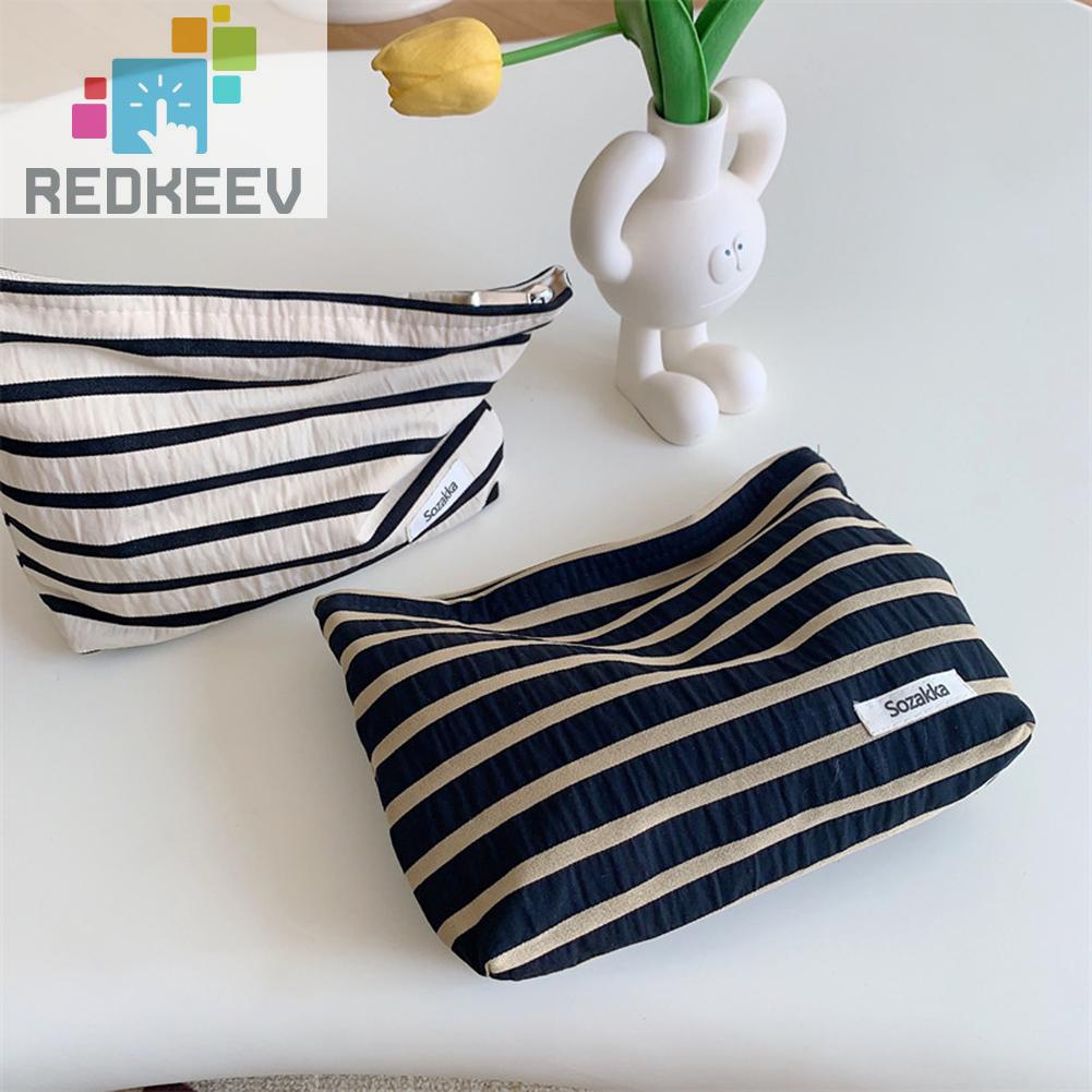 Túi Đựng Mỹ Phẩm Bằng Vải Canvas Họa Tiết Kẻ Sọc Sức Chứa Lớn Tiện Dụng Cho Nữ