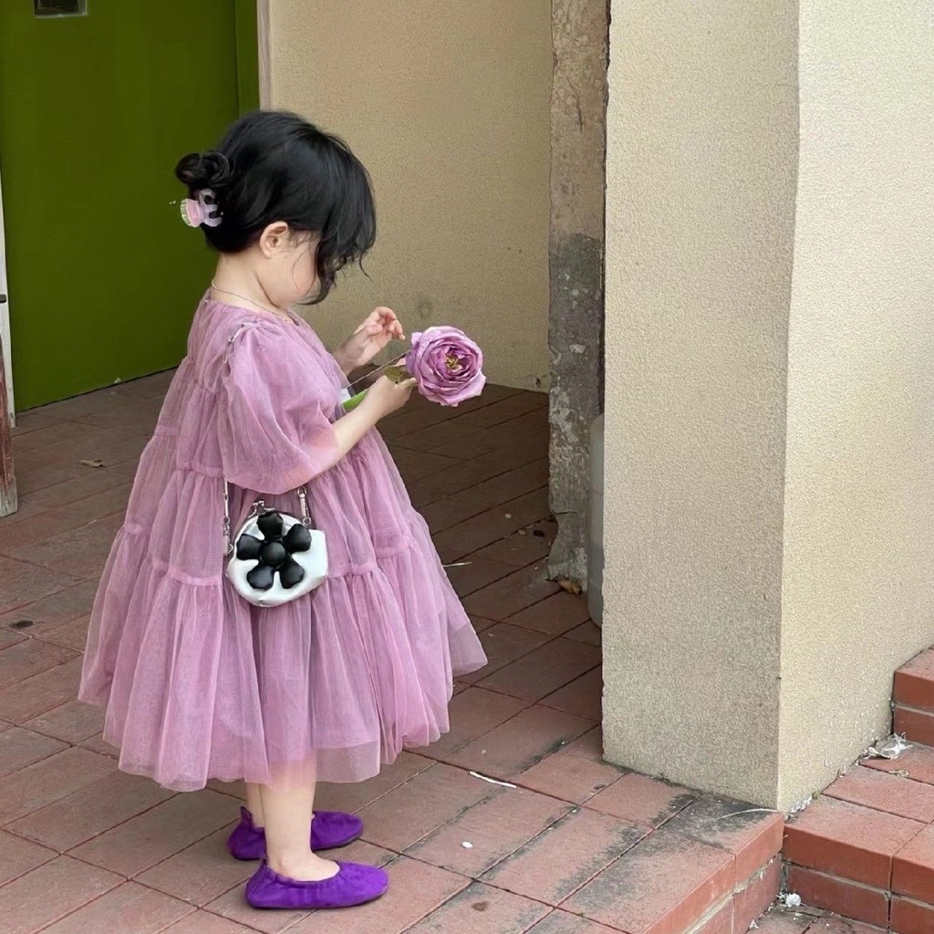 Đầm Công Chúa Tay Phồng Phối Lưới Dễ Thương Thời Trang Mùa Hè Cho Bé Gái