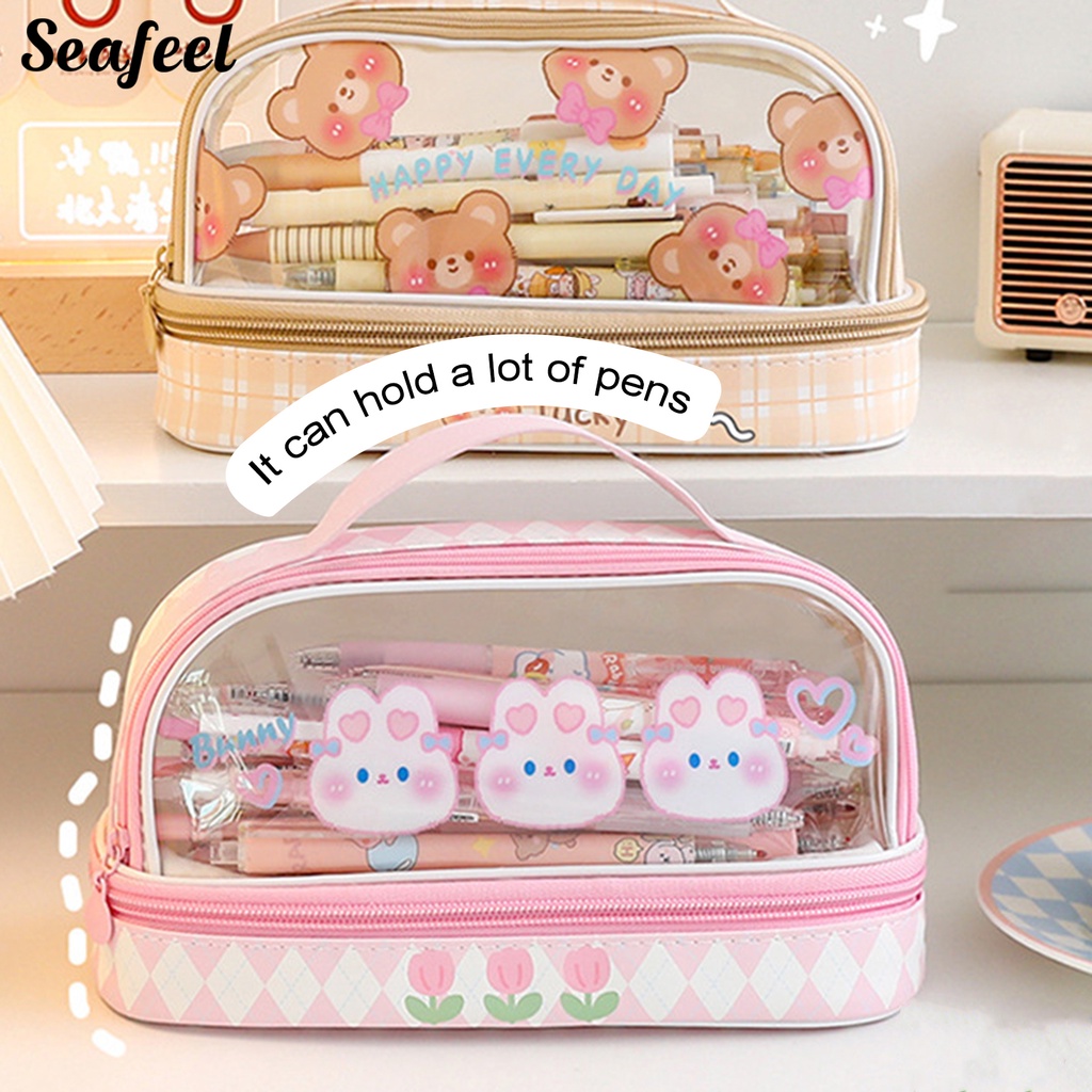 Túi Đựng Bút Chì Hai Lớp Trong Suốt Chống Bụi Sức Chứa Lớn In Họa Tiết Gấu Thỏ Hoạt Hình
