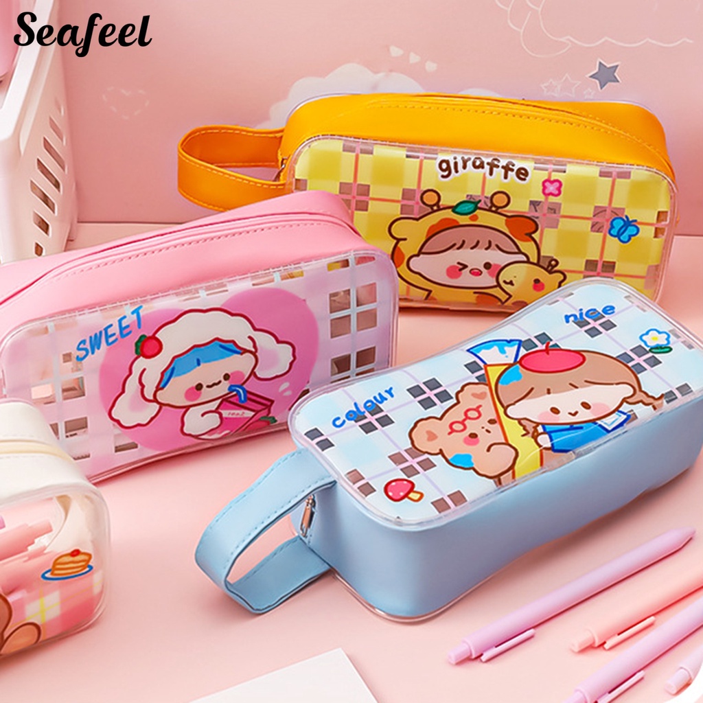 Túi Đựng Bút Trong Suốt Chống Thấm Nước Sức Chứa Lớn Có Khóa Kéo In Họa Tiết Hoạt Hình