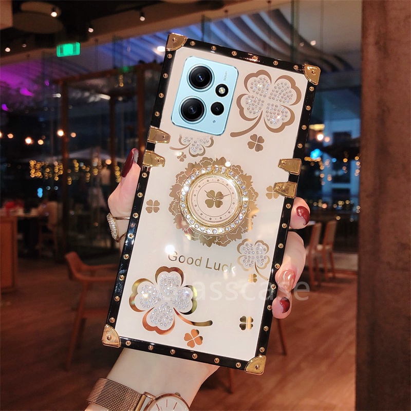 Ốp Điện Thoại Hình Cỏ Ba Lá Đính Đá Gắn Nhẫn Đỡ Cho Xiaomi Redmi Note 12 Pro 12Pro Note12 Note12Pro 4G 5G 2023