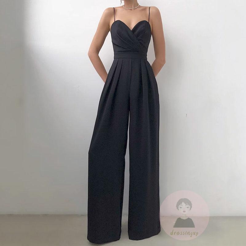 Bộ Áo Liền Quần Sát Nách Ống Rộng Eo Cao Màu Sắc Đơn Giản Hợp Thời Trang Cho Nữ