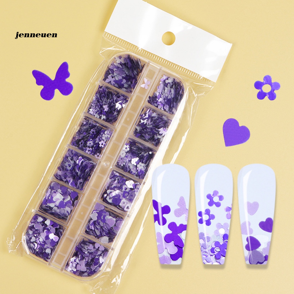 Hộp 12 Ngăn Đựng Hạt Sequin Hình Bướm Màu Tím Dùng Trang Trí Móng Nghệ Thuật