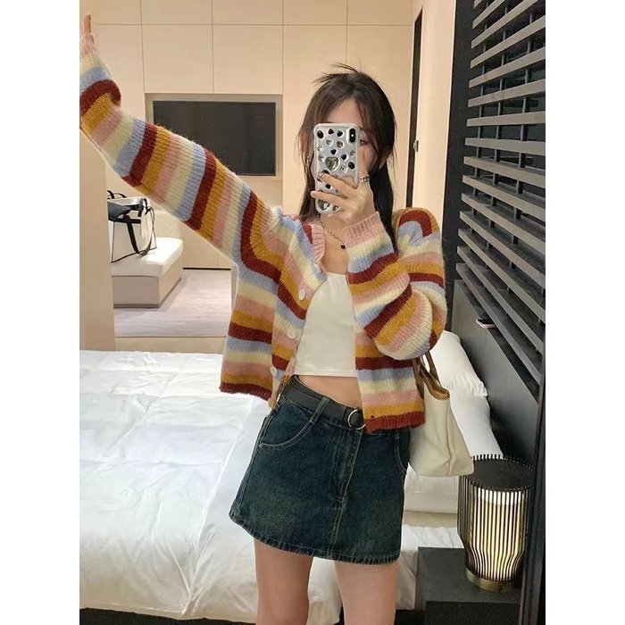 Áo Khoác Cardigan Dệt Kim Dáng Rộng Họa Tiết Kẻ Sọc Màu Cầu Vồng Phong Cách Phương Tây Thời Trang Cho Nữ