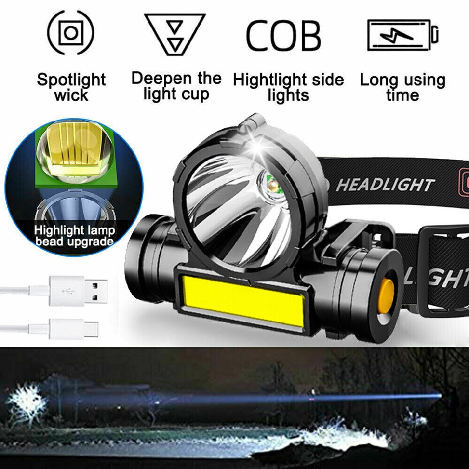 COB LED Headlamp USB Rechargeable Headlight Bar Torch Work Light Head Band Lamp