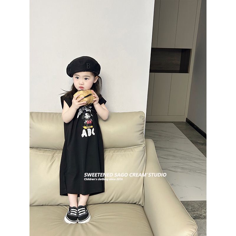 Ready stock hot sale phong cách mới nhật bản hàn quốc quần áo trẻ em hàn quốc cô gái váy không tay mùa hè 2023 phong cách mới thời trang trẻ em mùa hè váy mid-length t-shirt váy