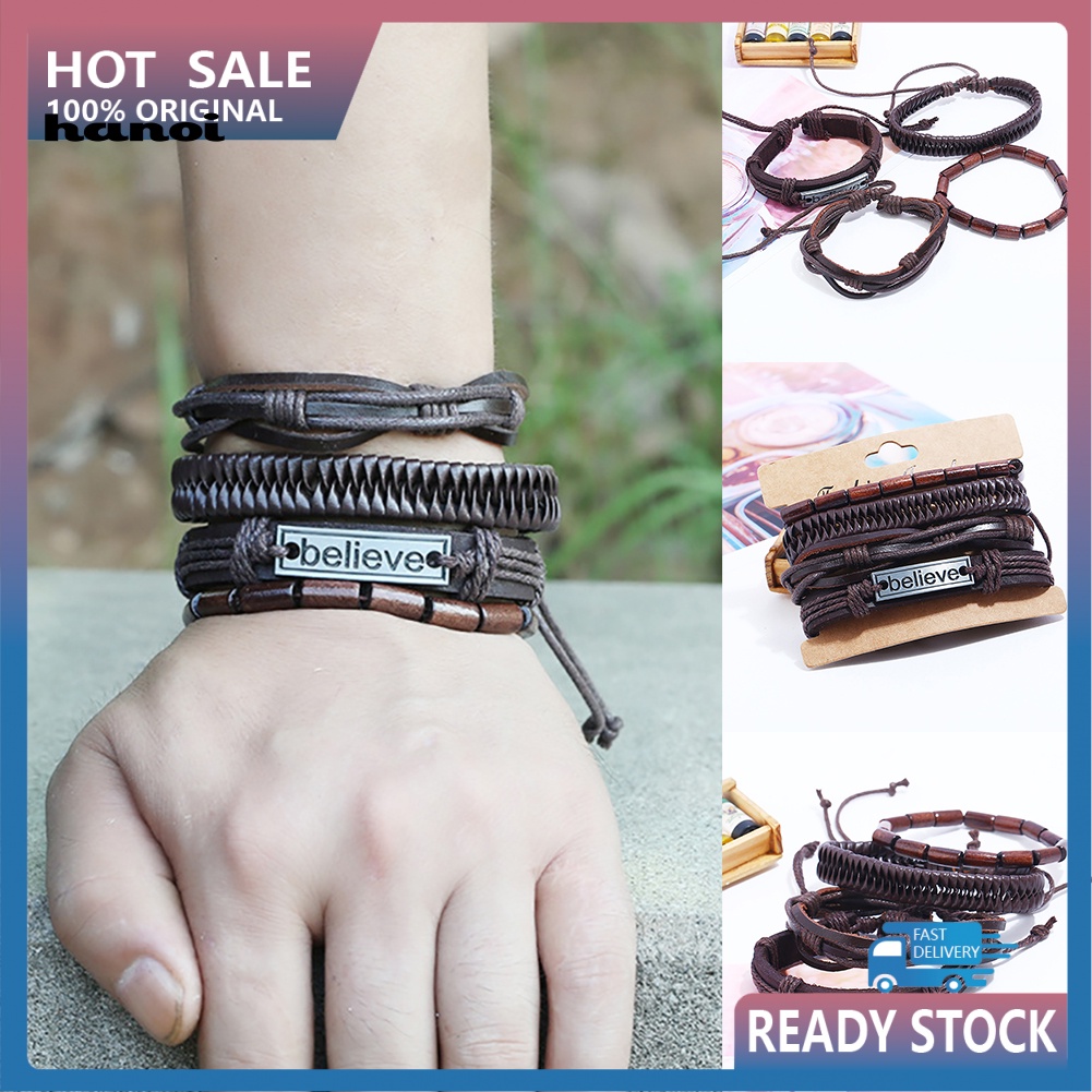 Set 4 Vòng Tay Bện Dây Giả Da Nhiều Lớp Thời Trang Cho Nam