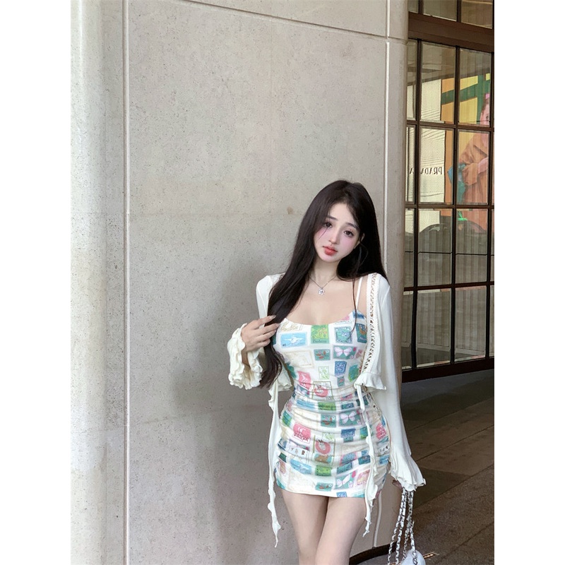 Bộ Áo Khoác Cardigan Chống Nắng + Đầm In Áp Phích Phong Cách Mới Mùa Hè 2023