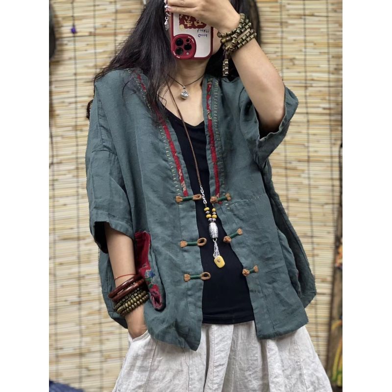 Áo Khoác Nữ Vải Lanh Cotton Cổ Chữ V Màu Trơn Phong Cách Retro