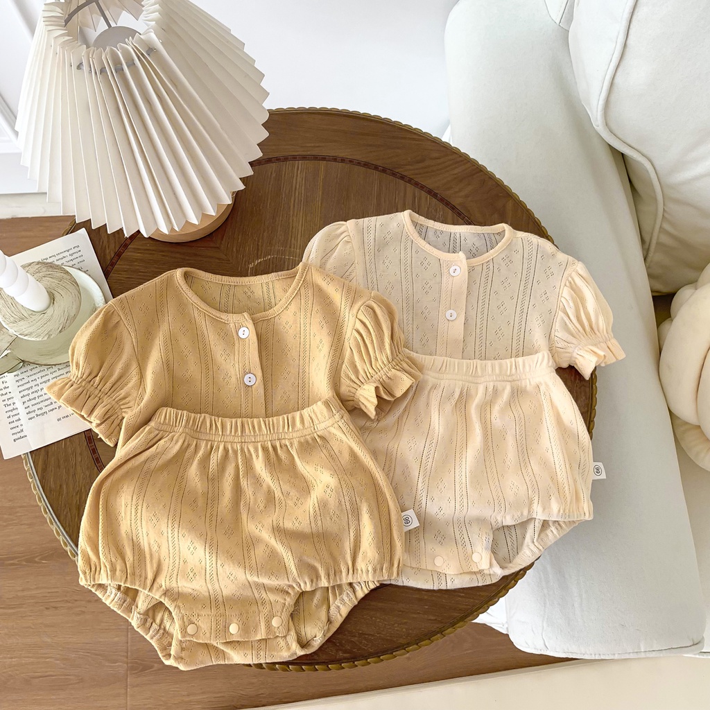 Set Đồ Mùa Hè 2 Món Gồm Áo Sơ Mi Tay Cộc Màu Vàng / Be + Quần Ngắn Cho Bé Gái Sơ Sinh 0-24
