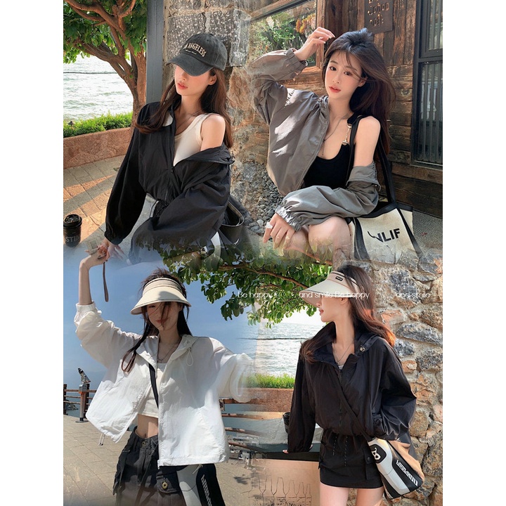 SUXI Áo Khoác Chống Nắng Thể Thao Tay Dài Dáng Rộng Có Mũ Trùm Phối Dây Rút Thời Trang Mùa Hè