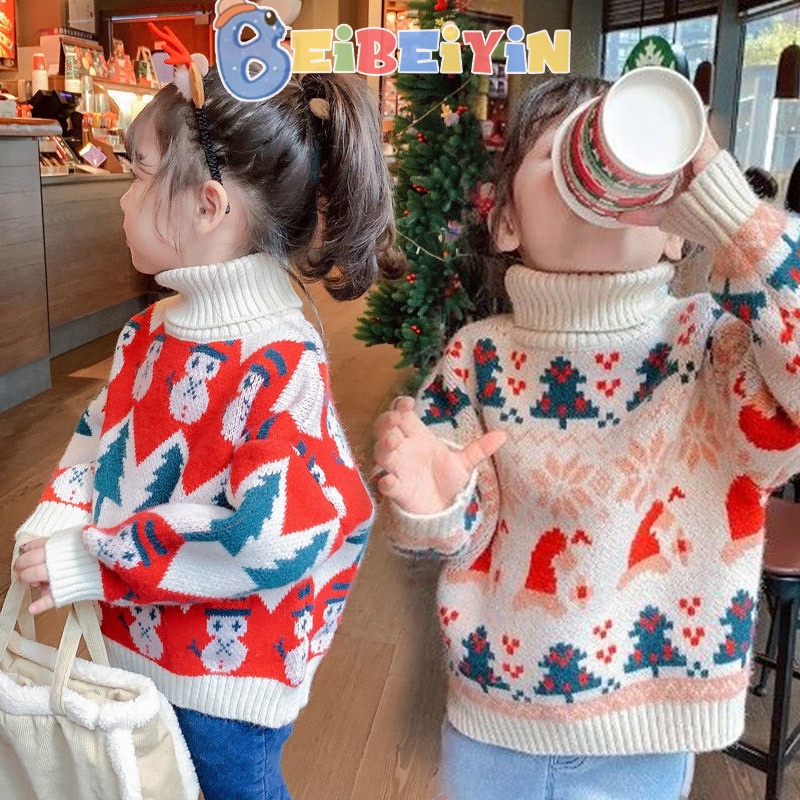 Beibeiyin Áo Sweater Dệt Kim Chui Đầu Cổ Lọ Dày Dặn Ấm Áp Phong Cách Giáng Sinh Cho Bé Gái