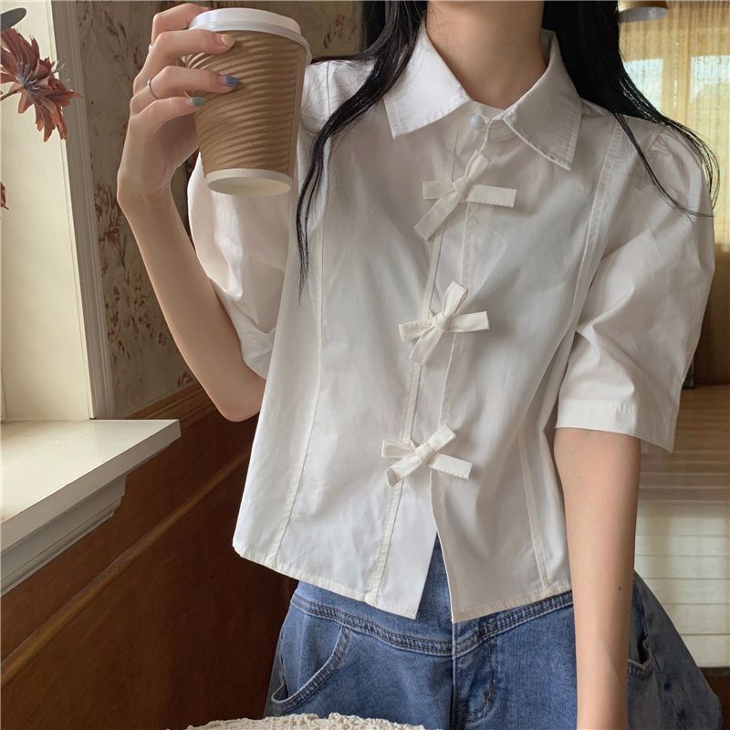 Áo Sơ Mi Tay Ngắn Phồng Cột Dây Kiểu vintage Hàn Quốc Thời Trang Cho Nữ