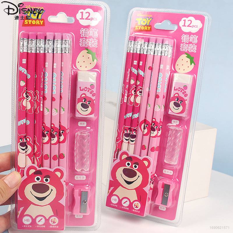 Disney Set 12 Bút Chì Dạng Lột Hình Gấu / Dâu Tây Dễ Thương