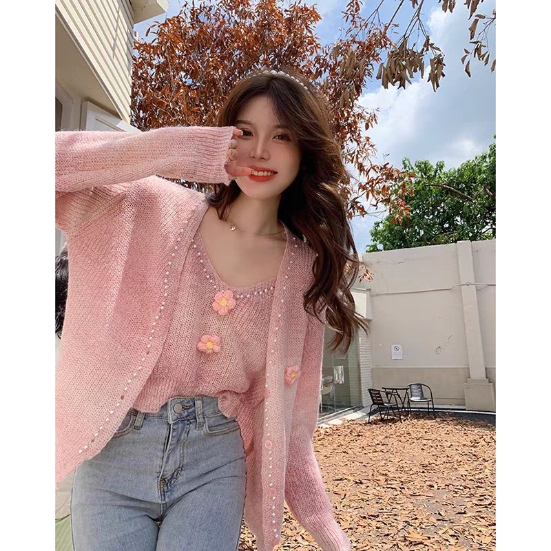 Bộ Áo cardigan Hai Mảnh Màu Hồng Phong Cách Mới 2023