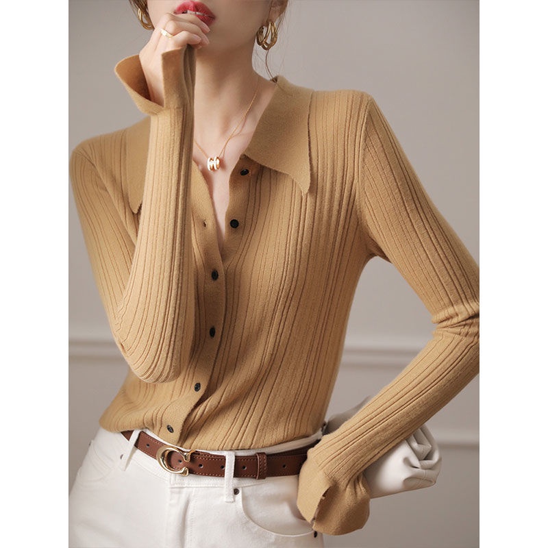 Áo Cardigan Dệt Kim Tay Dài Cổ Polo Thời Trang Mùa Thu Cho Nữ
