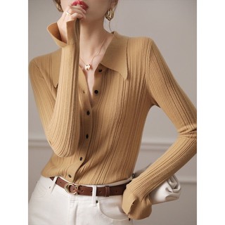 Áo Cardigan Dệt Kim Tay Dài Cổ Polo Thời Trang Mùa Thu Cho Nữ