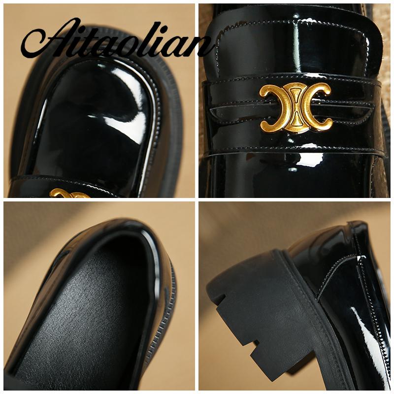 Giày Lười Da Bóng Đế Bằng 6cm Mũi Tròn Thời Trang Retro Anh Quốc Cho Nữ