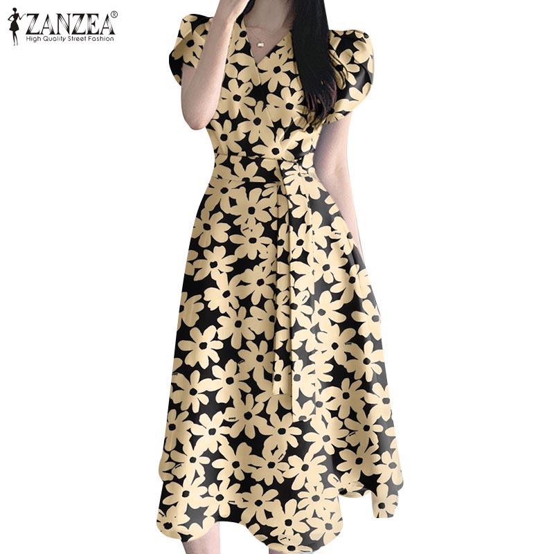 ZANZEA Đầm Chữ A Tay Ngắn Cổ Chữ V Họa Tiết Hoa Thời Trang Cho Nữ