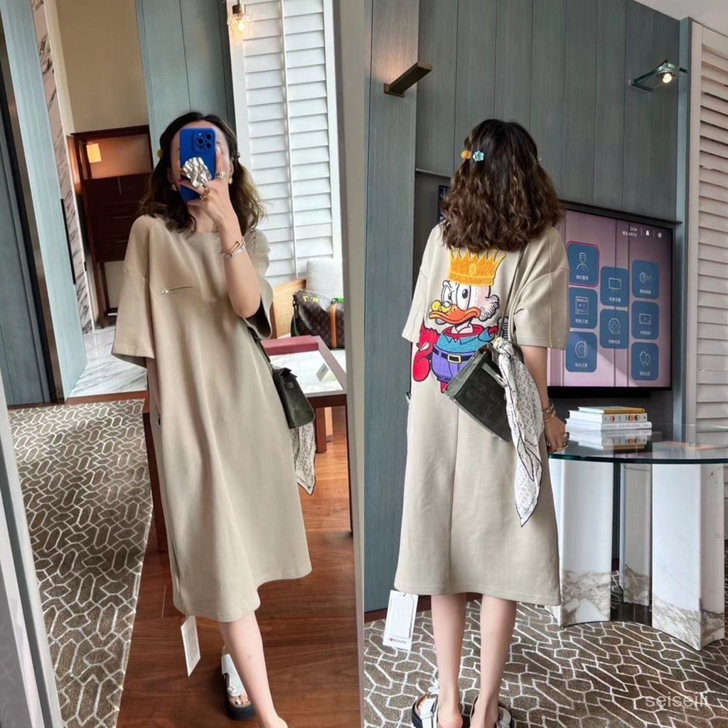 Fat mm New printed cartoon short-sleeved T-shirt dress fashionable slimming top women's TikTok hot dress