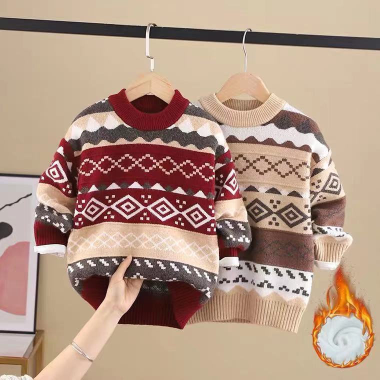 Áo sweater Dệt Kim Phối Nhung Dày Thời Trang Mùa Đông Mới 2023 Cho Bé Trai
