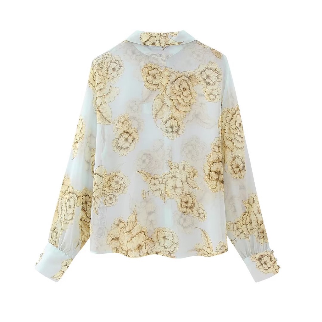 Qunz fashion áo sơ mi dài tay in hoa + váy nửa dài 3880