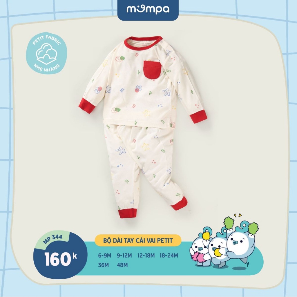 Bộ quần áo dài tay cho bé Mompa 6 tháng đến 4 tuổi cúc vai vải petit thoáng mát họa tiết dễ thương MP 344
