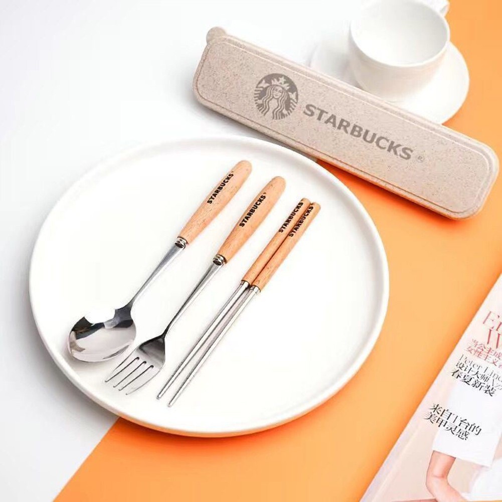 Starbucks Bộ Muỗng Đũa Nĩa Bằng Inox Phong Cách Nhật Bản
