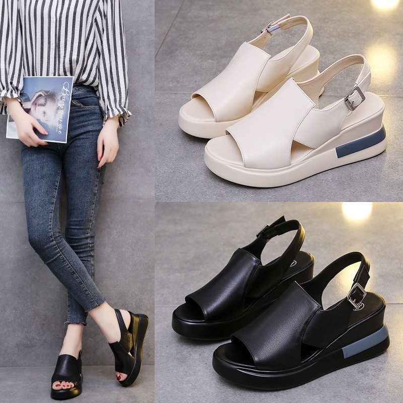 Thick-soled wedge sandals nữ mang sandals và slippers bên ngoài mùa hè cộng với size high-heeled sandals nữ.