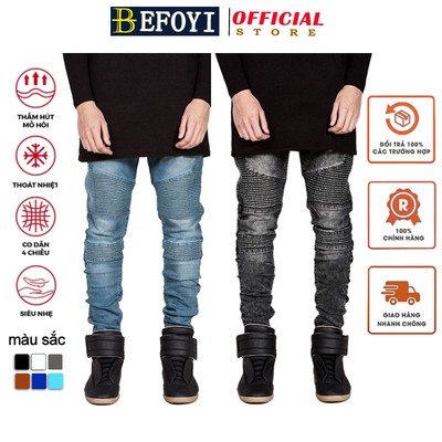 Befoyi quần jean nam chất lượng cao biker jeans slim fit xếp ly quần đi xe máy màu xanh đen HLN11