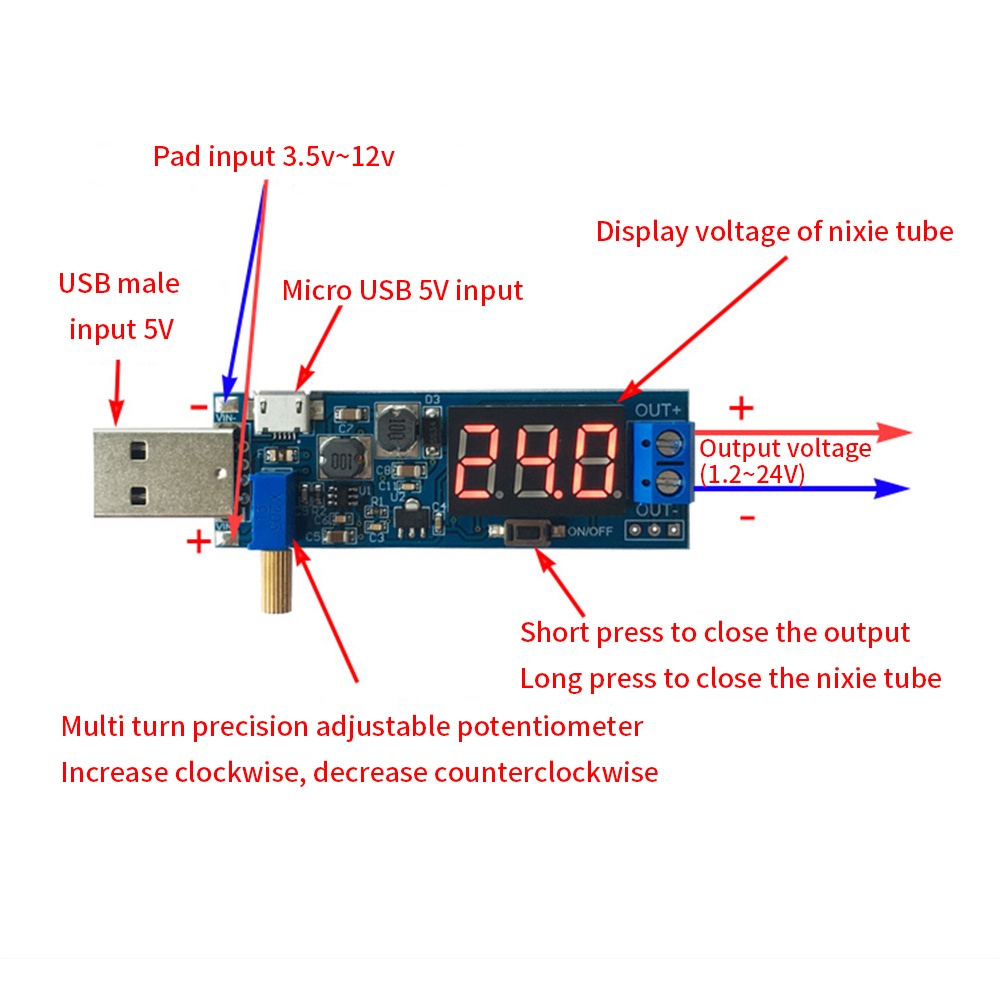 Điện Áp Đầu Ra: 1.2v ~ 24v: 3.5-12v size: 64 * 22mm: 13 Gram