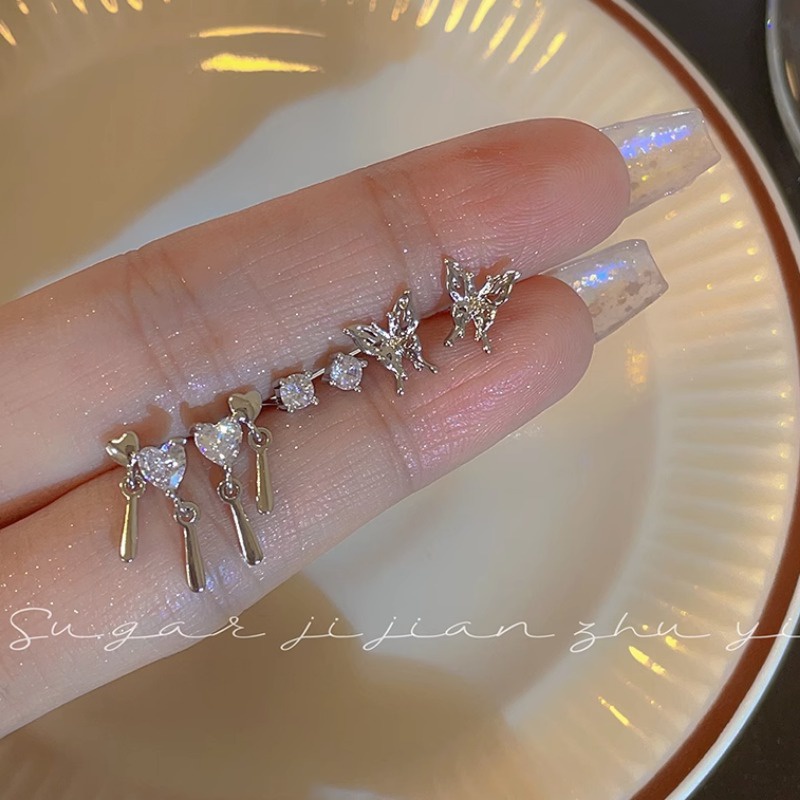 6 Khuyên tai dạng hat WE FLOWER bạc S925 không gây dị ứng hình bướm trái tim đính zircon lấp lánh cho nữ