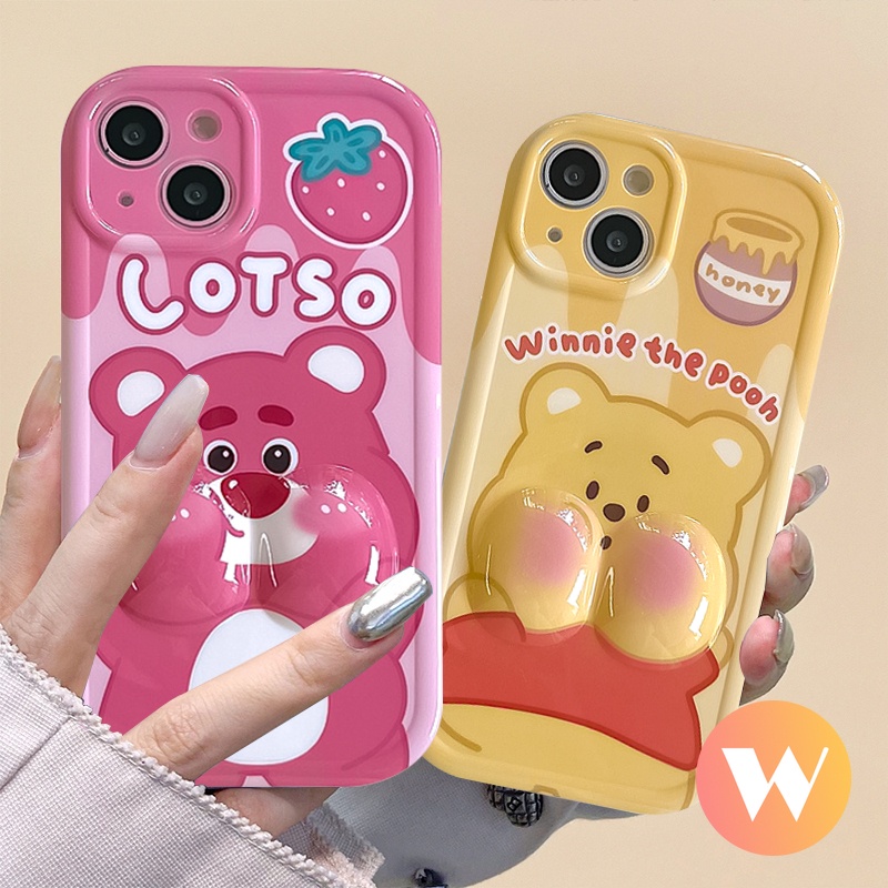 Phim hoạt hình dễ thương strawberry bear lotso case tương thích cho iphone 11 xr 12 13 14 pro max x 7 6 8 6s plus xs max se 2020 3d decompression glossy lovely winnie the pooh couple soft cover