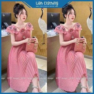 Váy tơ thiết kế cao cấp dập ly vai đính cườm (tặng kèm 2 tag đá)