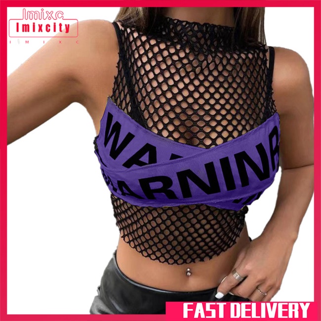 Áo lưới croptop IMIXCITY không tay in màu tương phản nhìn thấy phối rỗng phong cách sexy cho nữ