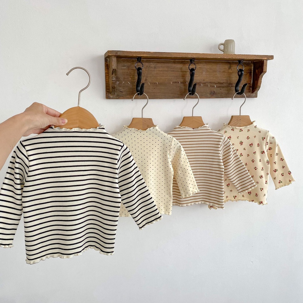 Ins autumn new style girls half turtleneck fungus edge bottom shirt thời trang baby girl floral thin long-sleeved top beun