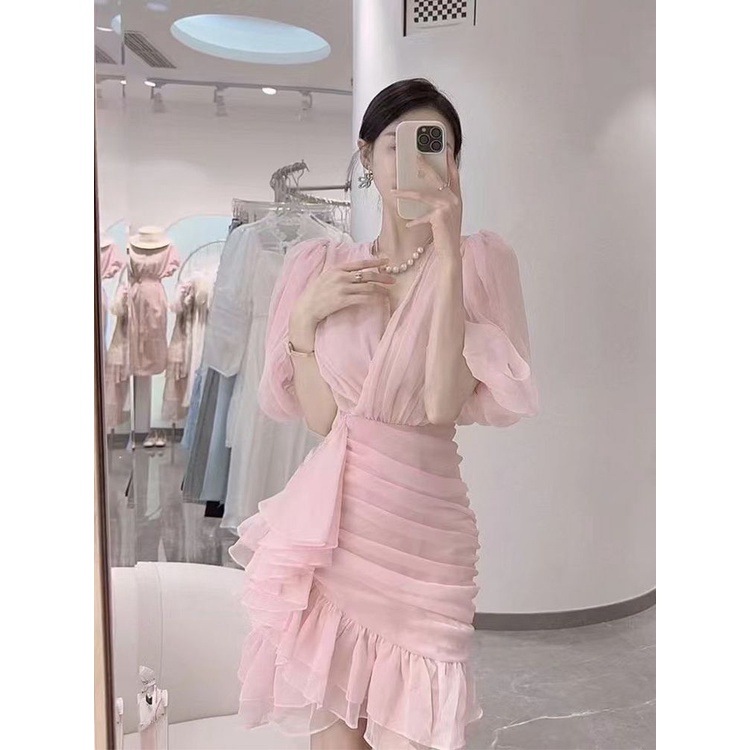 Đầm chiffon Dáng Ôm Màu Hồng Kiểu Pháp Thời Trang Mùa Hè Thanh Lịch