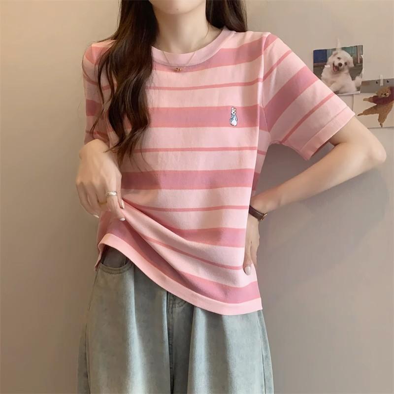 Áo thun COZOK dáng rộng ngắn tay họa tiết sọc đơn giản phong cách Hong Kong thời trang