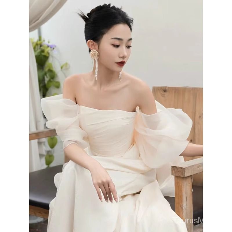 Classy super fairy one-shoulder evening dress dress cô dâu wedding dress robe high-end niche photo studio travel shooting korean light wedding dress