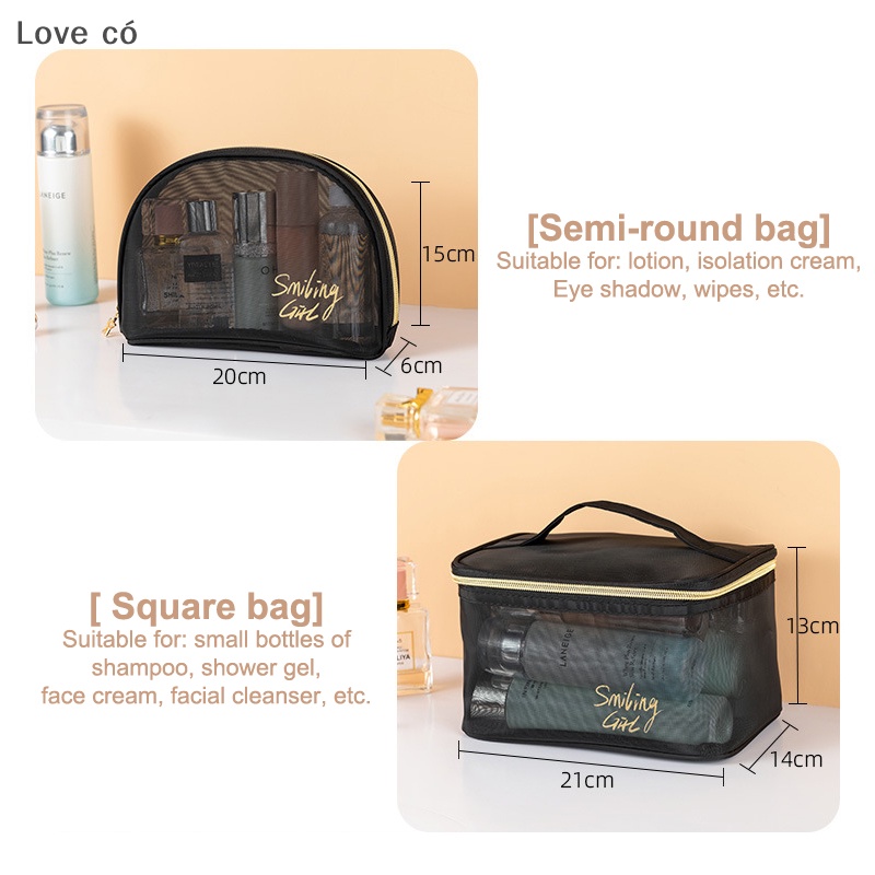 Love có túi trang điểm lưới túi đựng mỹ phẩm màu đen và trái tim túi có dây kéo di động túi giặt love