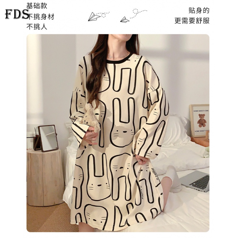 Đầm ngủ mặc nhà FDS tay dài mềm mại thoải mái họa tiết thỏ dễ thương thời trang thu đông ngọt ngào cho nữ