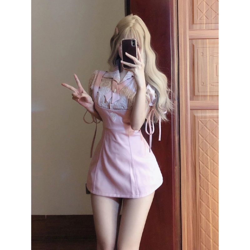 Summer hot girl preppy style pure desire striped short-sleeved shirt + fashion ins slimmer look strap skirt two-piece suit women