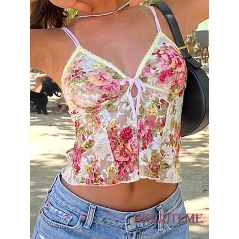 Áo Hai Dây Cổ Chữ V Họa Tiết Hoa Thời Trang Cho Nữ