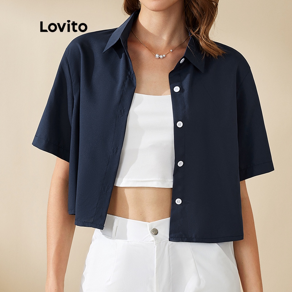 Lovito Áo Sơ Mi Trơn Cổ Trụ Lovito Giản Dị L20D1261 (Xanh Lam)