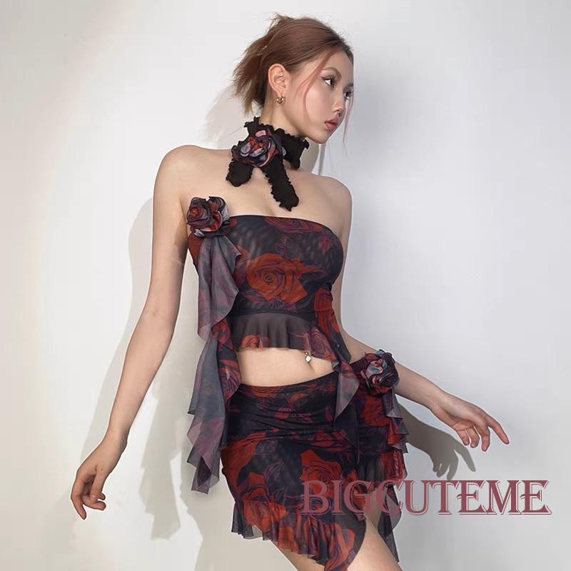 Bộ Trang Phục 2 Mảnh Gồm Áo Trễ Vai Không Tay + Chân Váy Ngắn In Hoa Thời Trang Cho Nữ