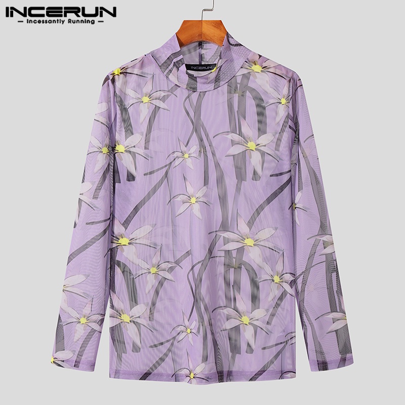 Áo thun INCERUN tay dài dáng ôm phối lưới in họa tiết cá tính