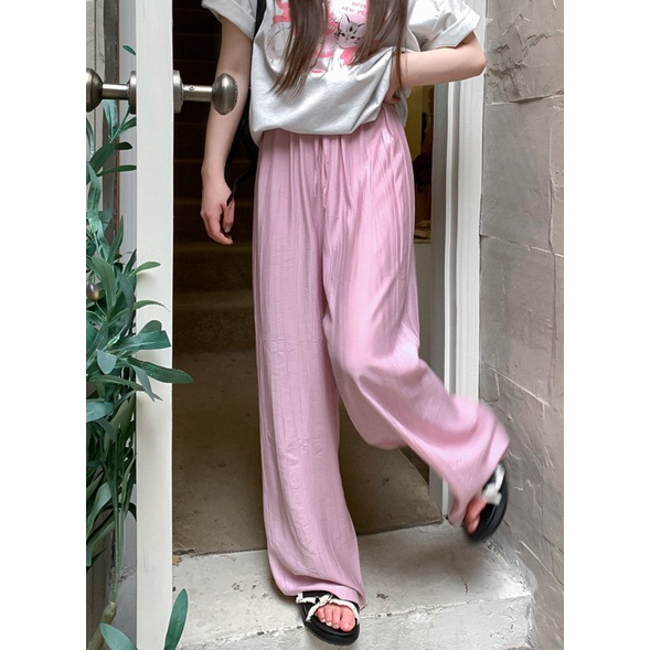 Quần Dài Nữ Ống Rộng Lưng Cao Màu Trơn Dây Rút Thời Trang Mùa Hè Mới