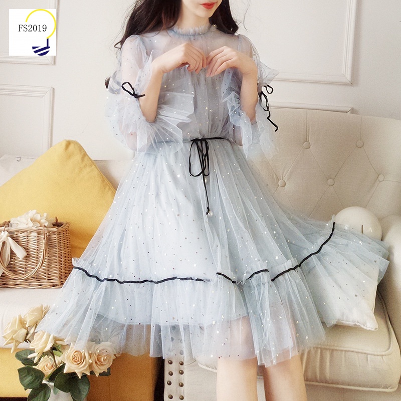 Đầm Lưới Dáng Rộng Cột Dây Eo Đính Kim Sa Ngôi Sao Ngọt Ngào Phong Cách Mới Cho Nữ