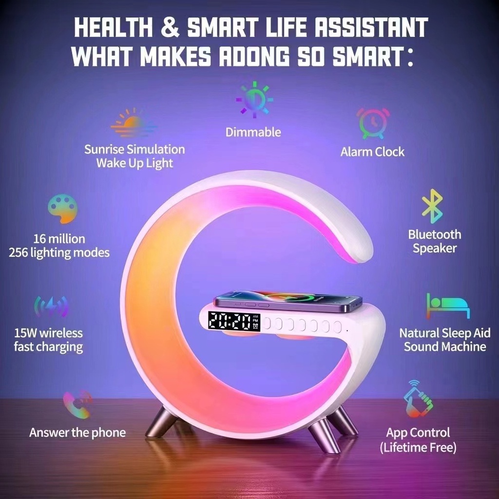 Loa Bluetooth đa chức năng kiêm sạc không dây, làm đèn ngủ, đồng hồ báo thức, âm thanh trầm pin trâu Bao Hanh 12 thang